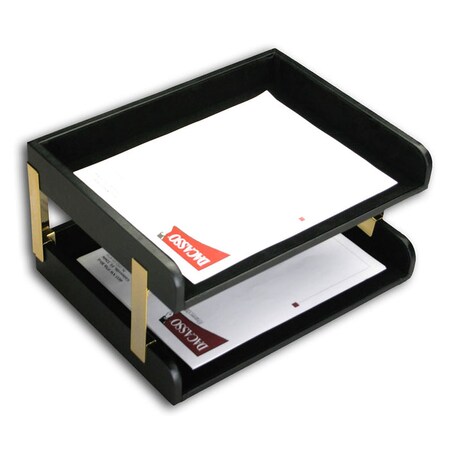 Dacasso Classic Black Leather Double Side-Load Letter Trays with Gold Posts AG-1072